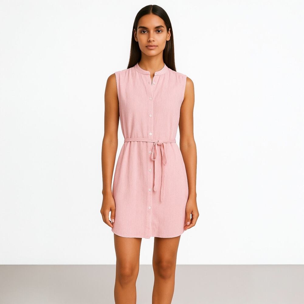 Ann Taylor LOFT Pink Sleeveless Striped Belted Button Mini Tank Shirt Dress XS